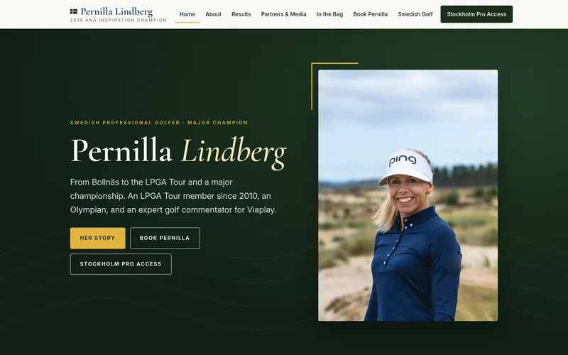 The home page of pernillalindberg.com: Pernilla Lindberg, Swedish professional golfer and 2018 ANA Inspiration champion